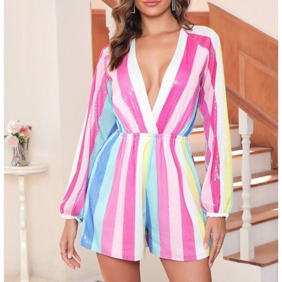 Sparkly Sequined Multicolored Sz Large Lined Romper 1 pc Shorts Outfit NEW NWOT - Picture 2 of 7